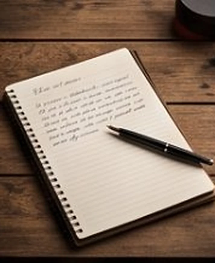 Libreta abierta con una lapicera sobre mesa de madera